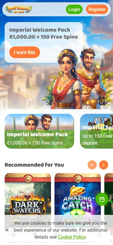 Imperial Wins Casino mobile home accessed through the progressive web app