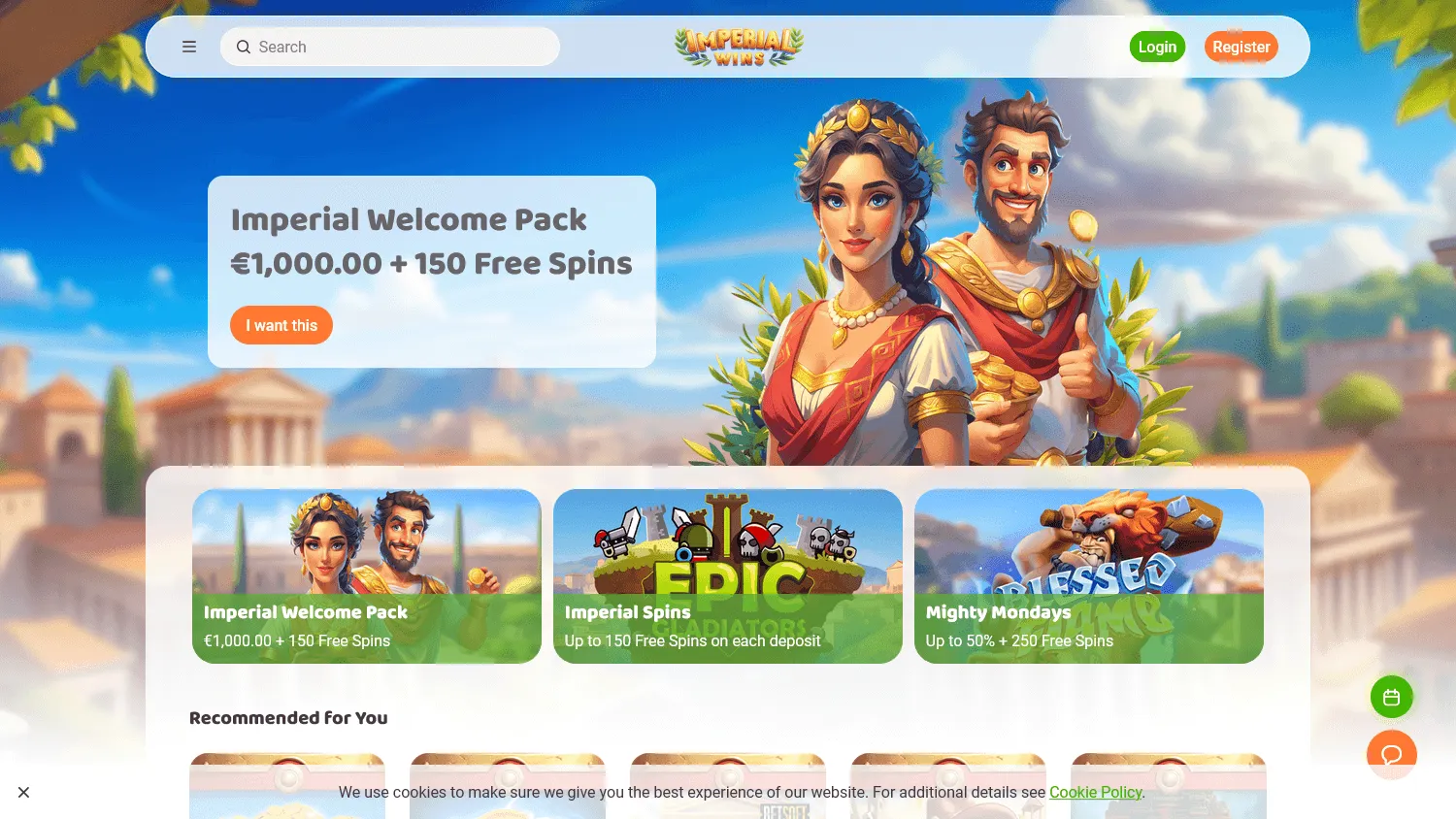 Imperial Wins Casino desktop home with casino games and promotional offers