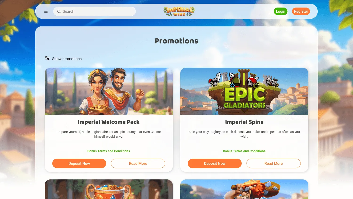 Imperial Wins Casino desktop promotions with deposit rewards and free spins