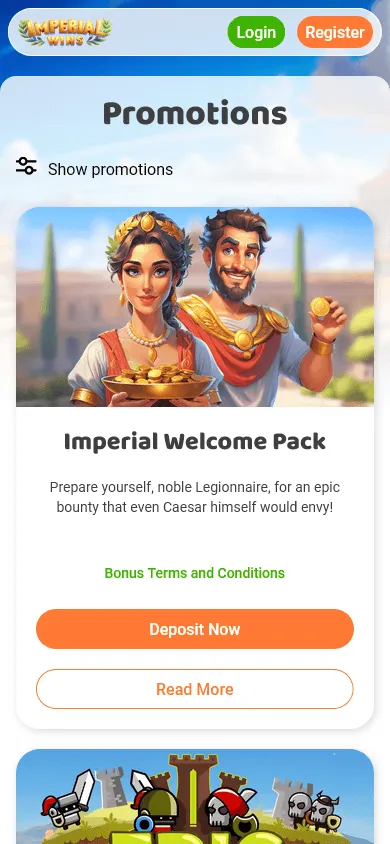 Imperial Wins Casino mobile promotions with free spins and deposit rewards
