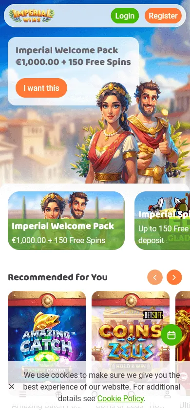 Imperial Wins Casino mobile games catalogue with pokies and casino titles